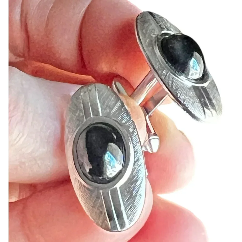 Swank Midcentury Modern Silvertone Cufflinks With Black Stone 1
